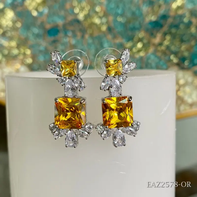 [EAZ2578-OR] Arete en plateado cristal ambar (Amarillo)