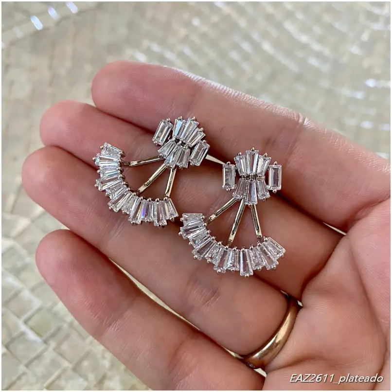 [EAZ2611-PL] Arete de dos piezas corte baguette (Plateado)