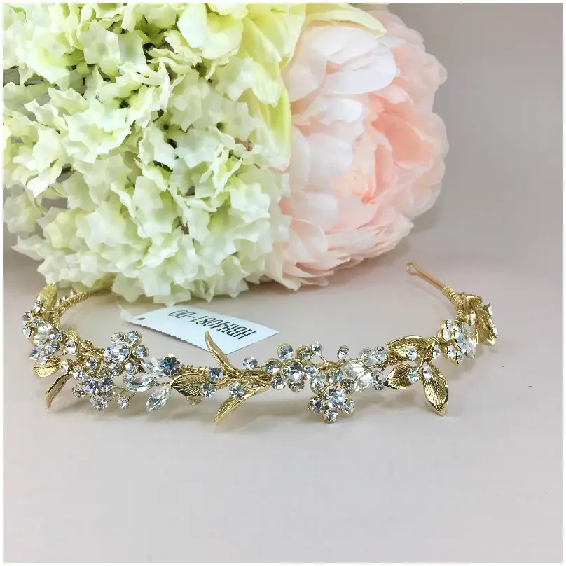 [HBH4081-DO] Tiara de cristales plata hojas vintage (Dorado)
