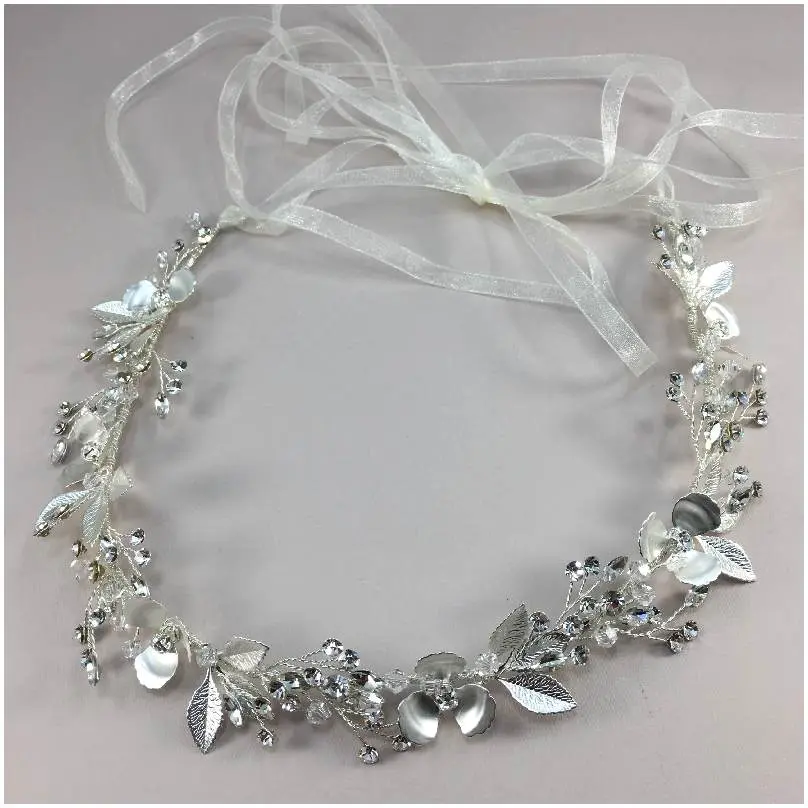 [HBH4085-PL] Bandita flexible plateada con flores en tonos mate