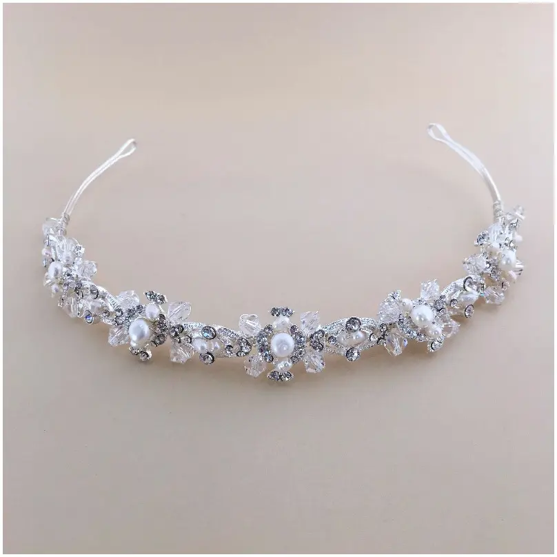 [HBH4011-PL] Tiara de cristal y perlas
