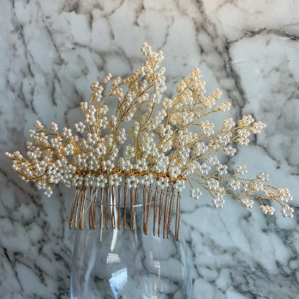 [HCN44-unico] Peineta dorada de perlas mini