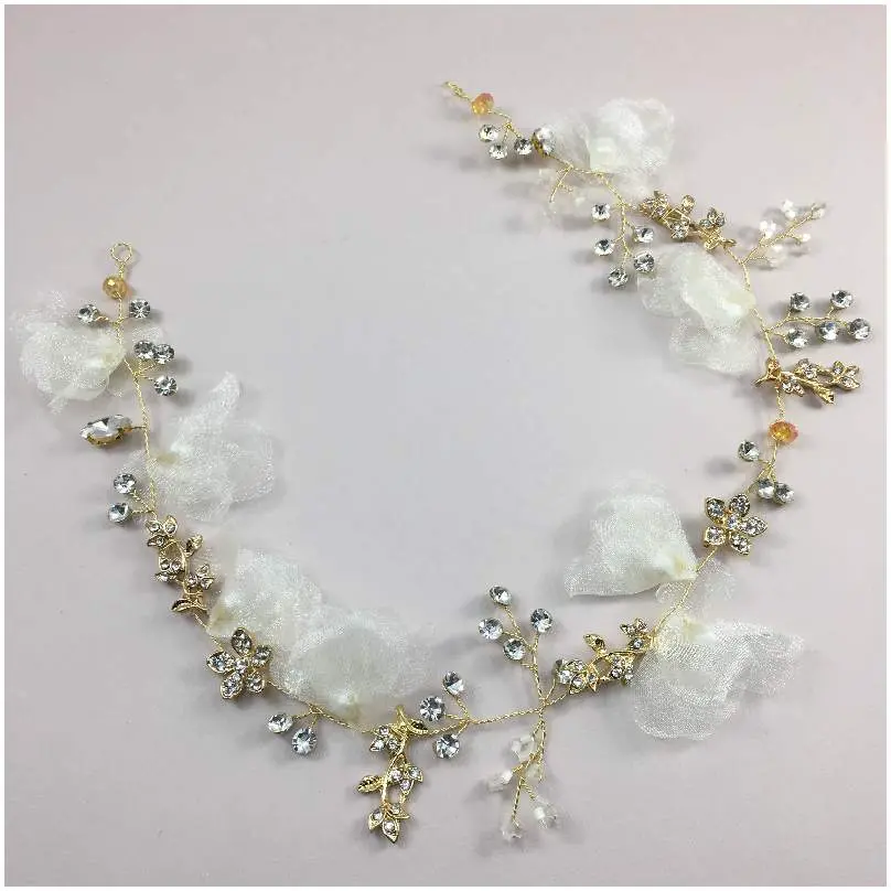 [HBN2532-DO] Bandita flexible con flores de terciopelo y detalles dorados con cristales 