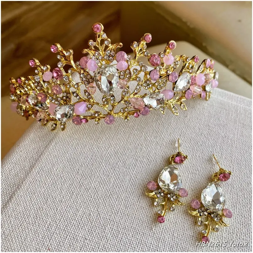 [HBN2615] Tiara dorada con acentos rosa 