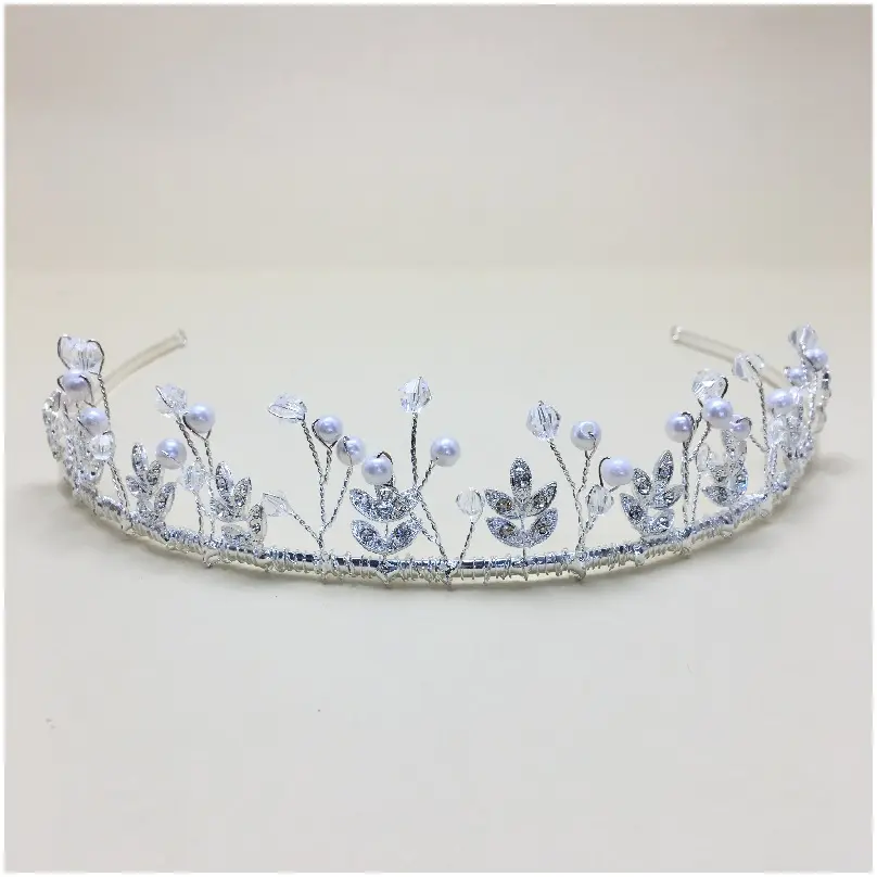 [HBJ3157] Tiara de cristales y perlas con hojas en grupos de tres 