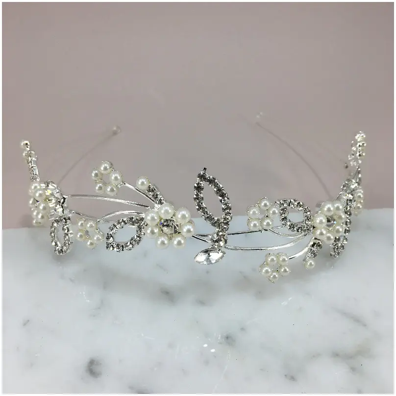 [HBJ3059] Tiara con flores de perla y hojas cristalinas 