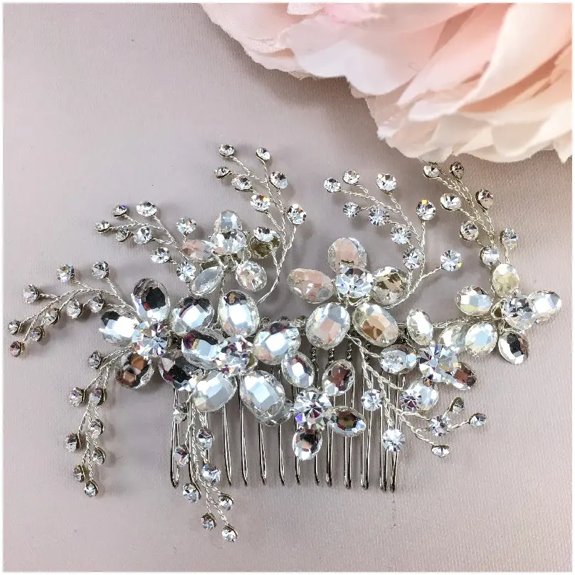 [HCH4030] Peineta de cristal con flores cristal premium