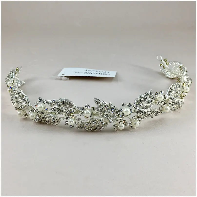 [HBH4082-PL] Tiara hojas diamantes y perlas